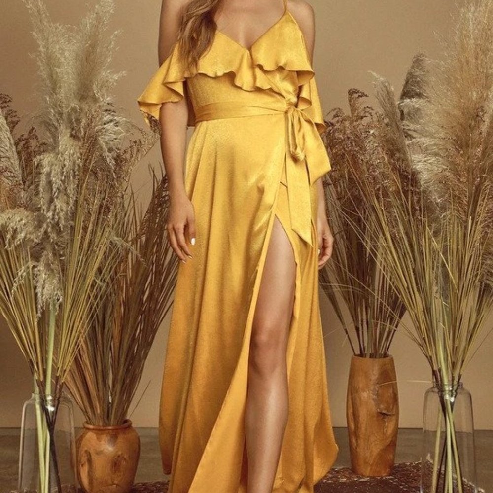 Moriah Mustard Yellow Satin Wrap Maxi Dress